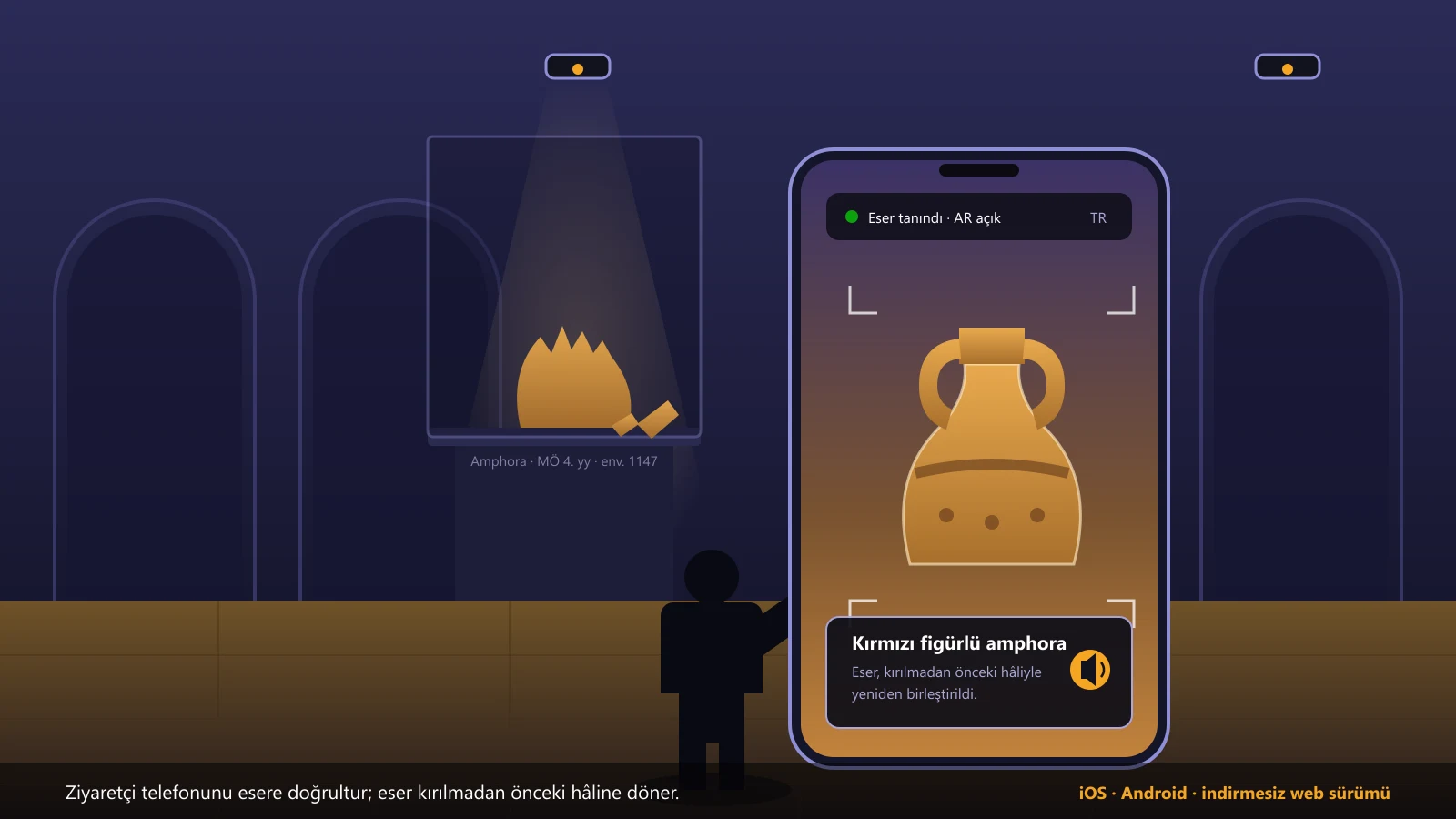 Vitrindeki kırık amphora ve telefonda tamamlanmış hâliyle görünen aynı eser