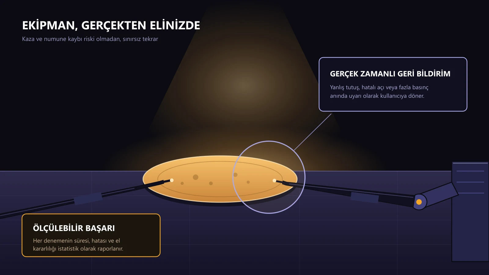 Mikropipet ve besiyeri kabı üzerinde gerçek zamanlı geri bildirim ve ölçülebilir başarı göstergeleri