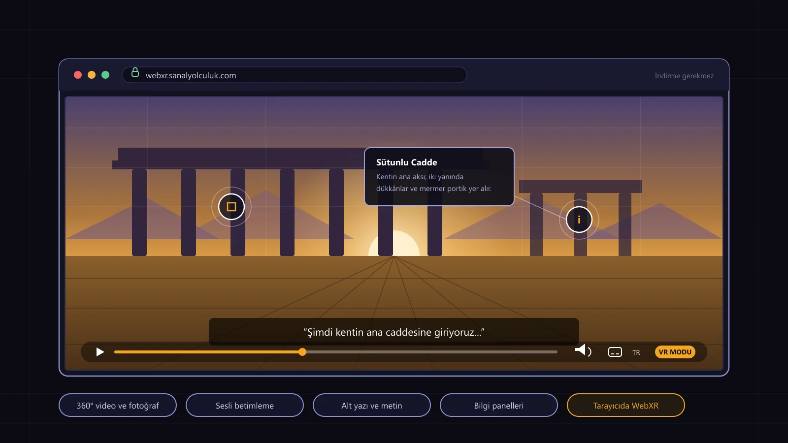 Tarayıcıda açılan WebXR 360 derece sanal tur; bilgi paneli, alt yazı ve VR modu düğmesi